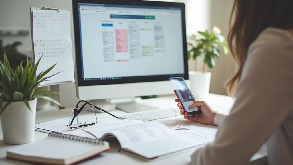 Diferentes herramientas de planificación: calendario digital, libreta física y aplicaciones en smartphone mostrando bloques de tiempo