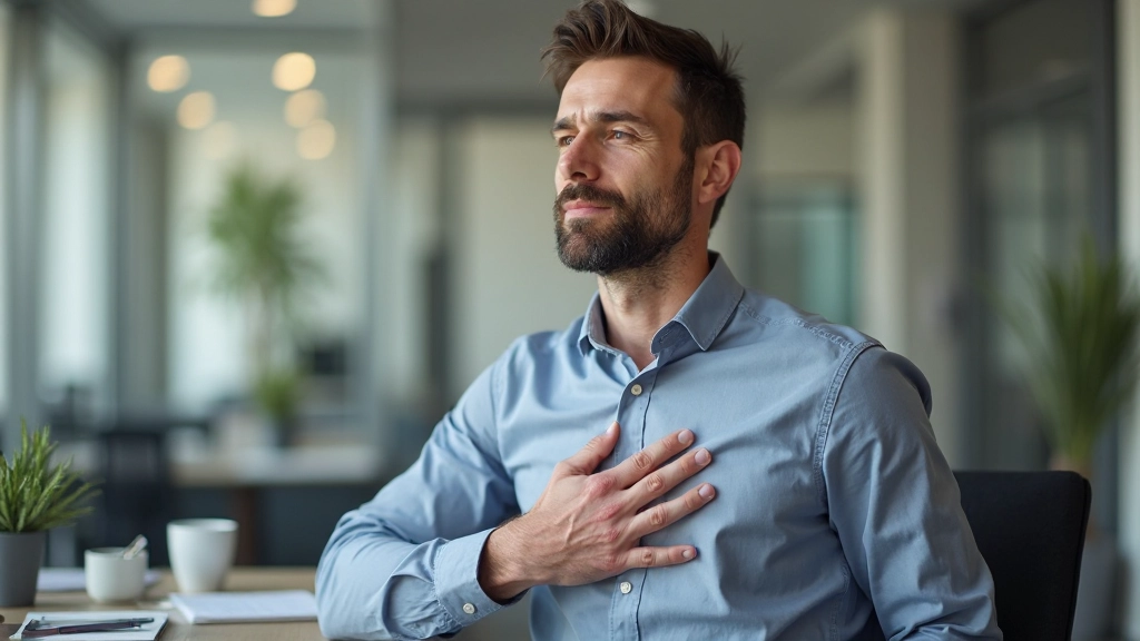Hombre en el trabajo usando técnicas de respiración para controlar la ansiedad, sentado en su escritorio en una oficina moderna, con expresión calmada