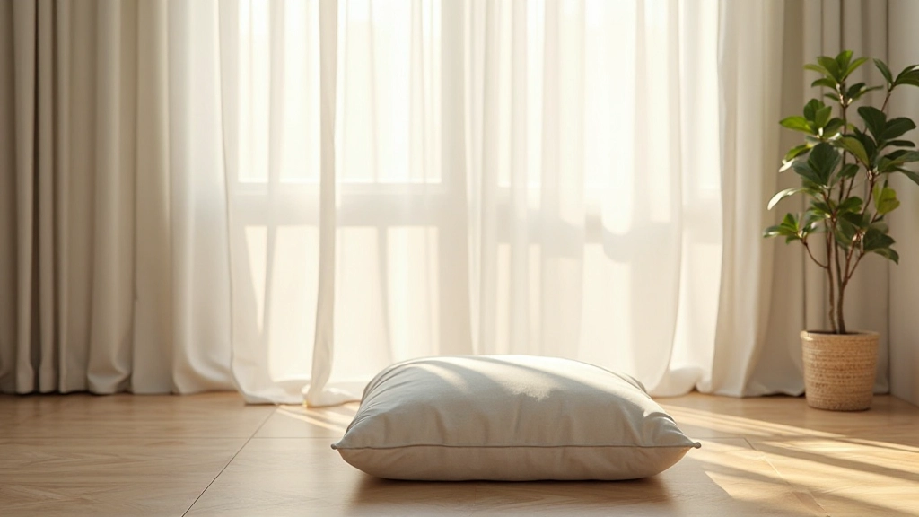 Espacio de meditación minimalista con cojín de meditación, luz natural suave, ambiente tranquilo y limpio
