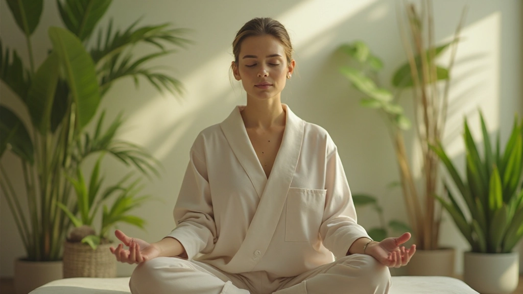 Persona meditando en un entorno tranquilo de spa, con luz suave, plantas verdes alrededor y expresión de paz profunda
