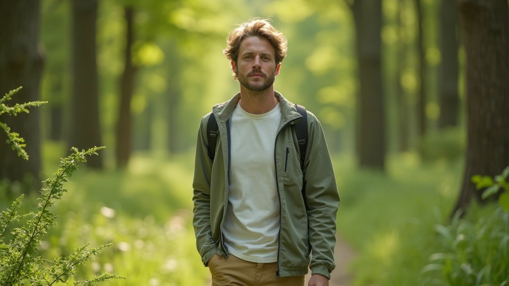 Persona caminando en la naturaleza con expresión tranquila, rodeada de árboles y vegetación verde, disfrutando del aire libre