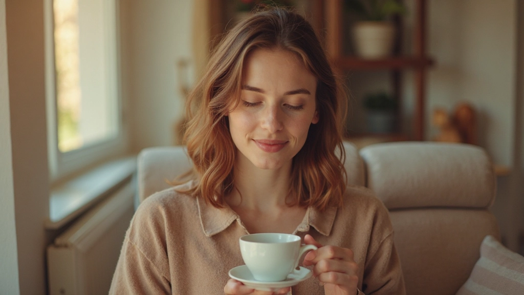 Persona disfrutando de té por la tarde en una atmósfera acogedora, con luz cálida natural y expresión de tranquilidad