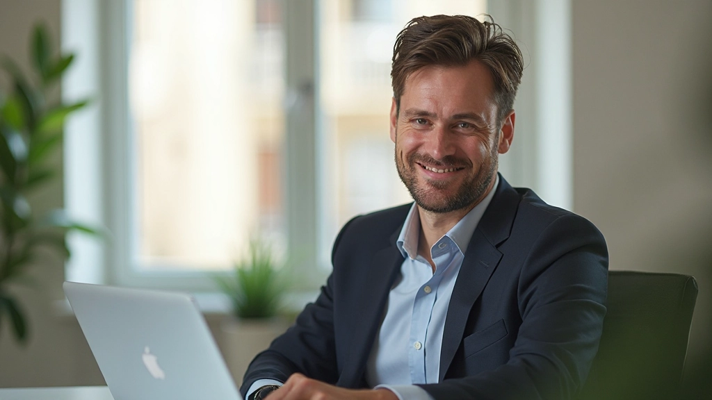 Persona descansando en una oficina, sonriendo, mirando por la ventana con expresión de calma y satisfacción