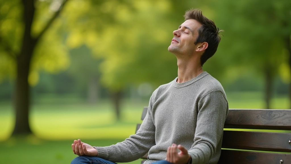 Persona practicando respiración consciente en un parque tranquilo, sentada en una banca, con expresión concentrada y paz interior