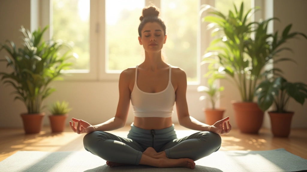 Persona meditando en posición de loto en un espacio tranquilo y bien iluminado con plantas verdes alrededor