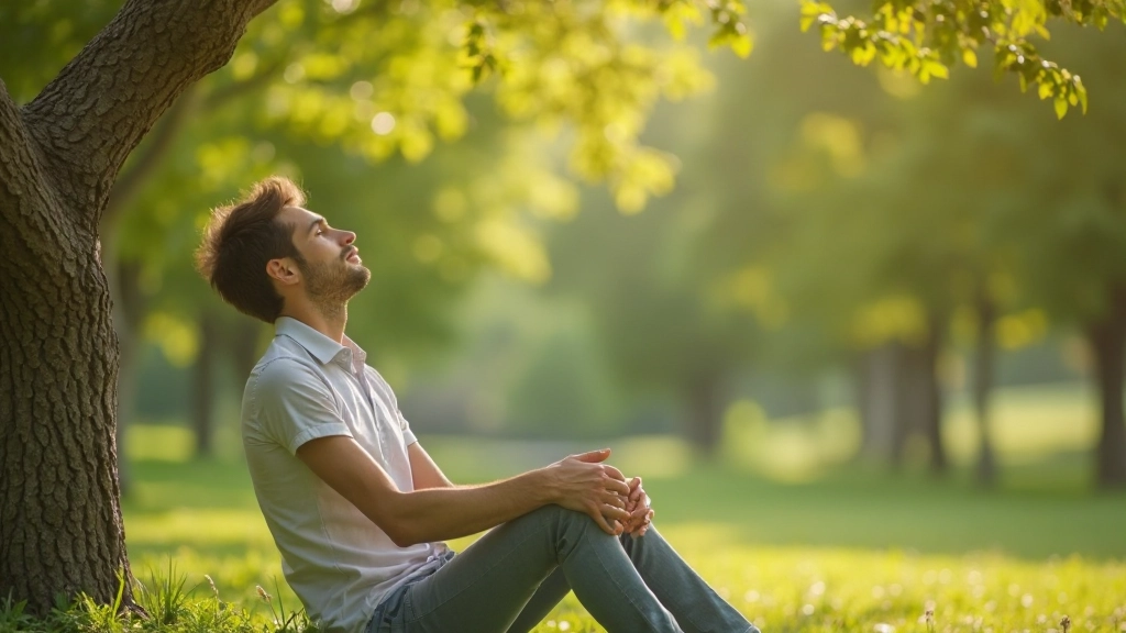 Persona descansando en un parque al aire libre bajo la sombra de un árbol, con expresión relajada y paisaje natural de fondo