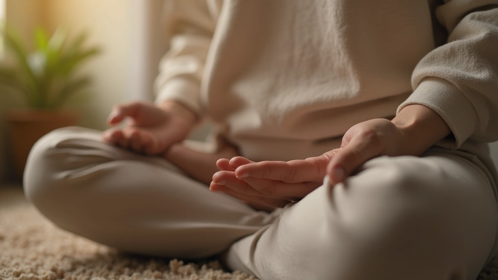 Detalle de manos descansadas sobre las rodillas en posición de meditación, con iluminación cálida y ambiente sereno
