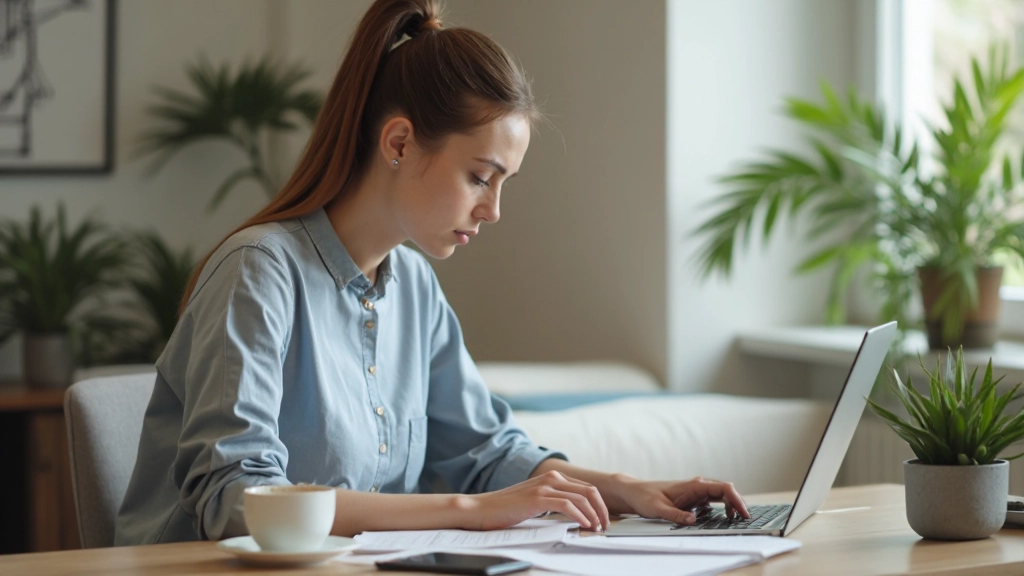 Persona trabajando en un escritorio ordenado con un café, libreta y computadora portátil en un ambiente de trabajo limpio