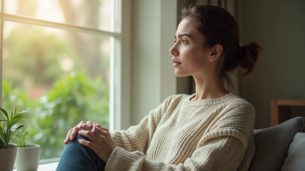 Persona sentada en una habitación luminosa con luz natural, mirando hacia una ventana con vista a la naturaleza