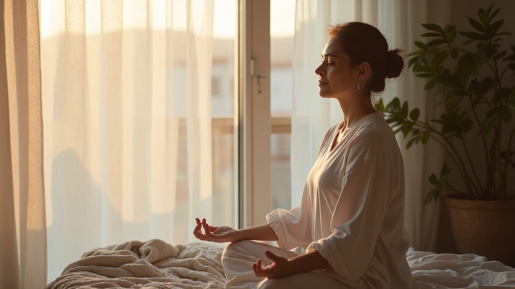 Persona haciendo yoga suave y estiramientos en un espacio interior tranquilo con luz natural